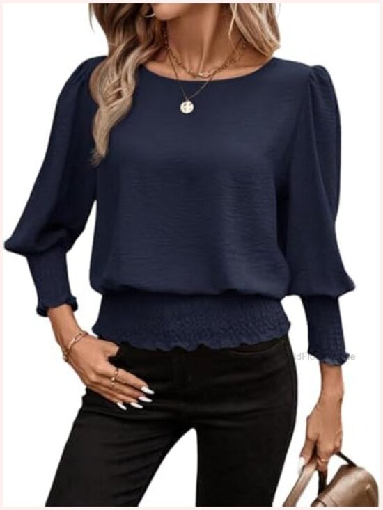 Tops - Smocked Elastic Cinched Waist Blouse 3/4 Sleeve Top